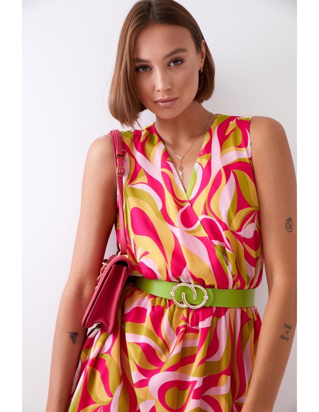 Light patterned dress with a belt, neon green and pink 03040 - Online store - Boutique